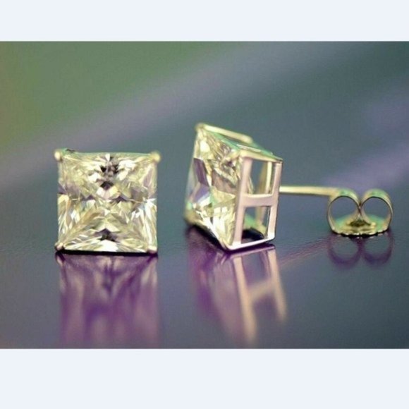Solid 14k White Gold Princess Cut Clear Basket Push Back Stud Earrings Sz10x10mm